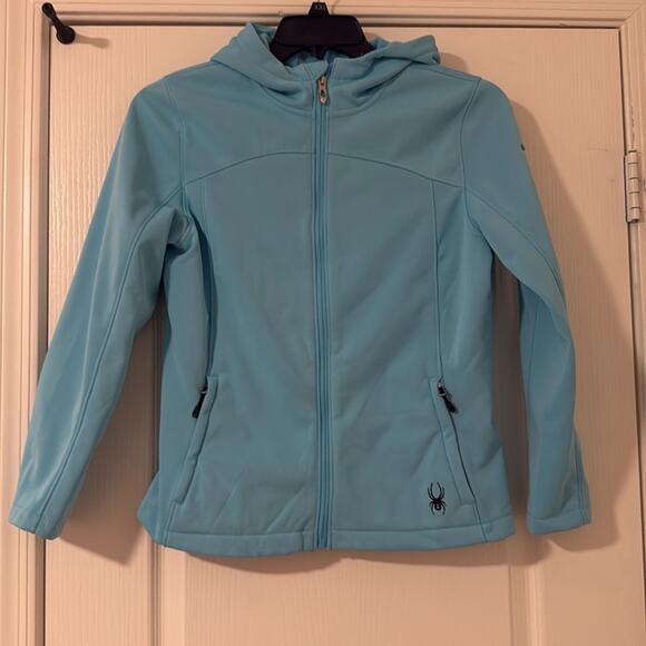 Spyder Women's Aqua Full Zip Soft Shell Hooded Jacket w/ hood, medium - Picture 1 of 9